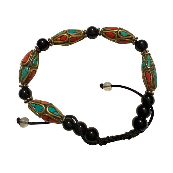 Nepalese Turquoise & Coral Inlay Brass Beaded Bangle - Picture 4 of 7